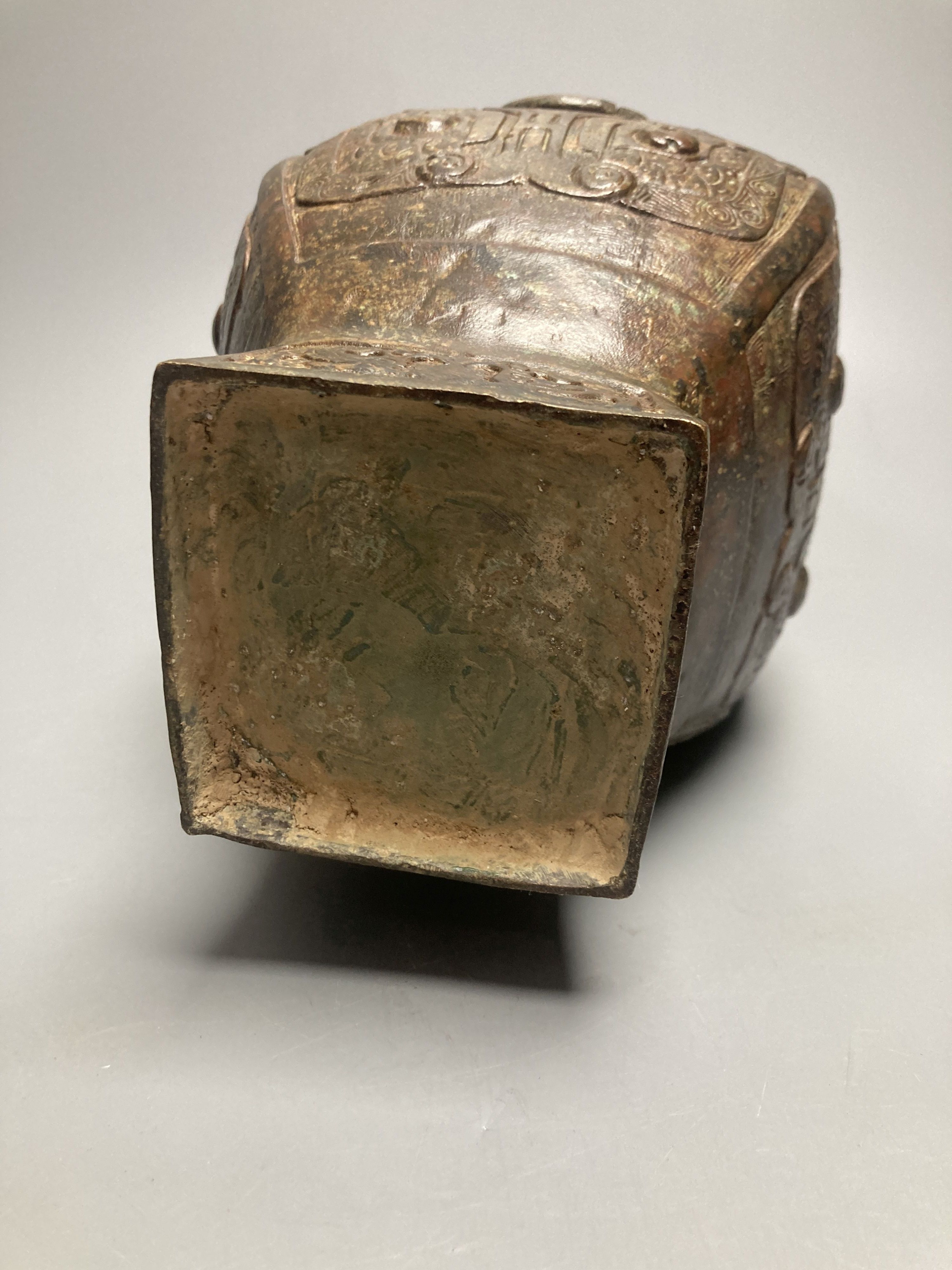 A Chinese bronze fanghu and cover, Warring States/ Han style, but later